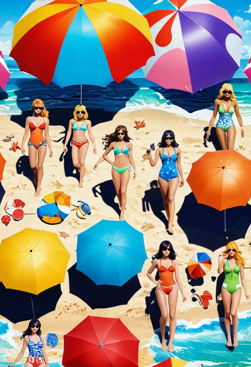 A vibrant beach scene featuring characters in stylish beach fashion inspired by popular video game designs, merging elements of cosplay with summer attire. Include sunny skies, sandy shores, and playful waves, with elements like game controller swimsuits and pixelated beach umbrellas. Showcase a diverse group of individuals enjoying the beach, creating a lively and immersive atmosphere. bright colors. super-realistic. 3D.