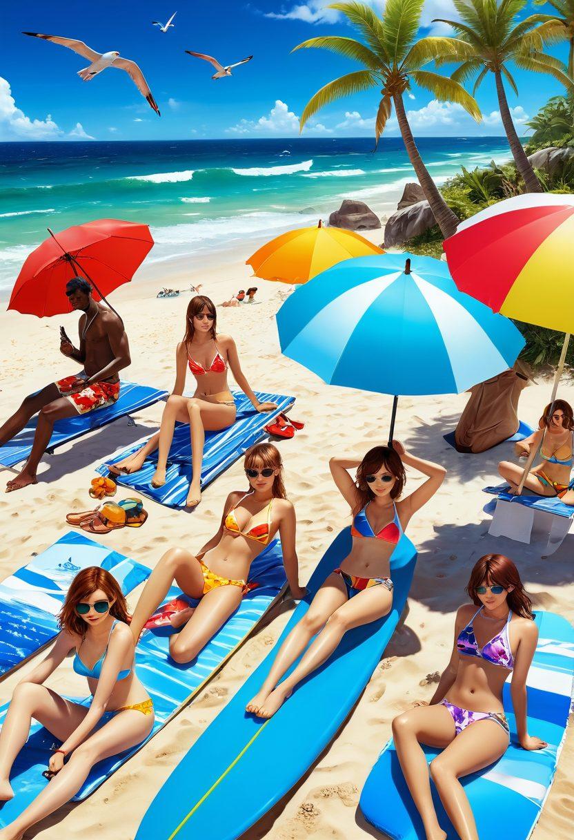 A vibrant beach scene featuring a diverse group of gamers wearing colorful, anime-inspired swimwear and accessories, relaxing under clear blue skies. Include stylish beach umbrellas, surfboards with anime motifs, and playful seagulls. Showcase a blend of playful and fashionable elements, highlighting the fusion of gaming culture with beach style. super-realistic. vibrant colors. sunny atmosphere.